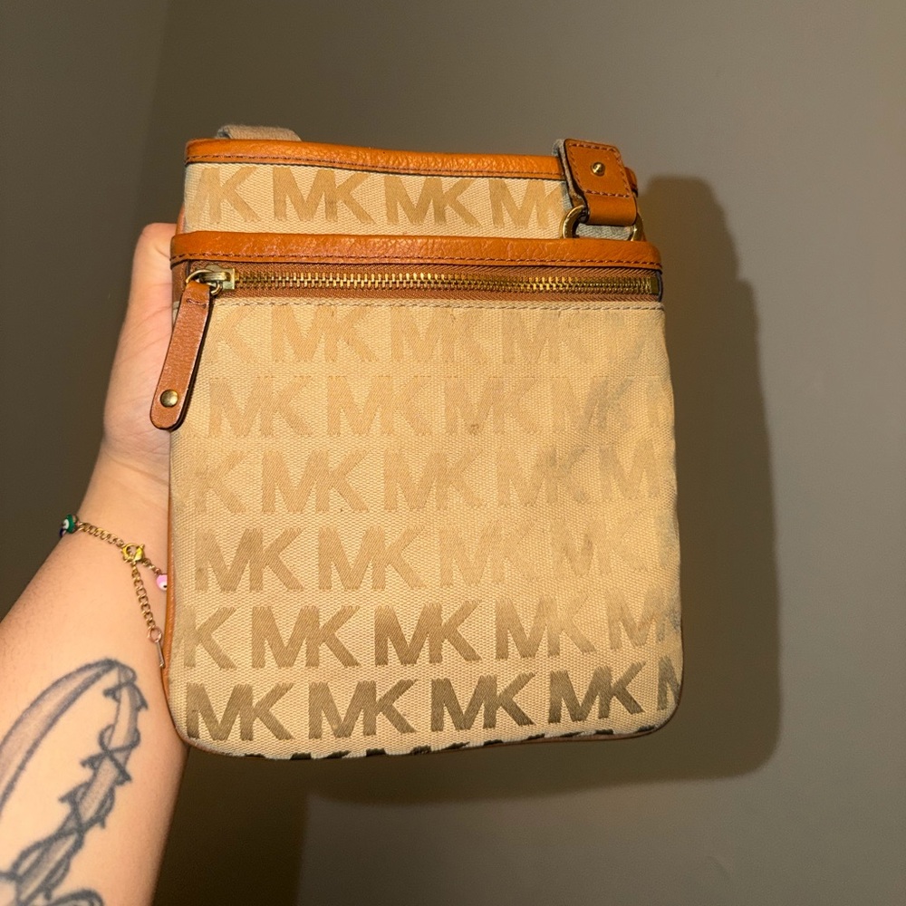 Michael Kors Tan MK Monogram Small Crossbody Bag